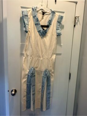 NWT KROIX Large White Light Wash Denim Contrast Distressed Jumpsuit